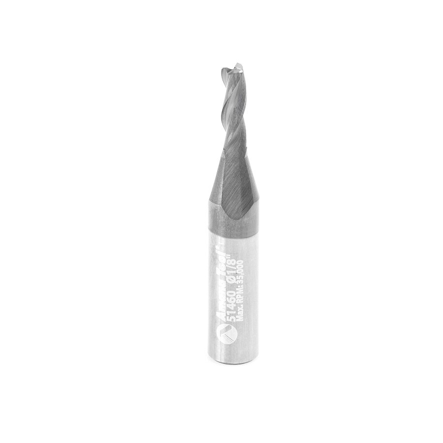 51460 CNC Solid Carbide Spiral for Steel & Stainless Steel with AlTiN Coating 3-Flute x 1/8 Dia x 3/8 x 1/4 Shank x 1-1/2 Inch Long Up-Cut Router Bit / 45º Corner Chamfer End Mill