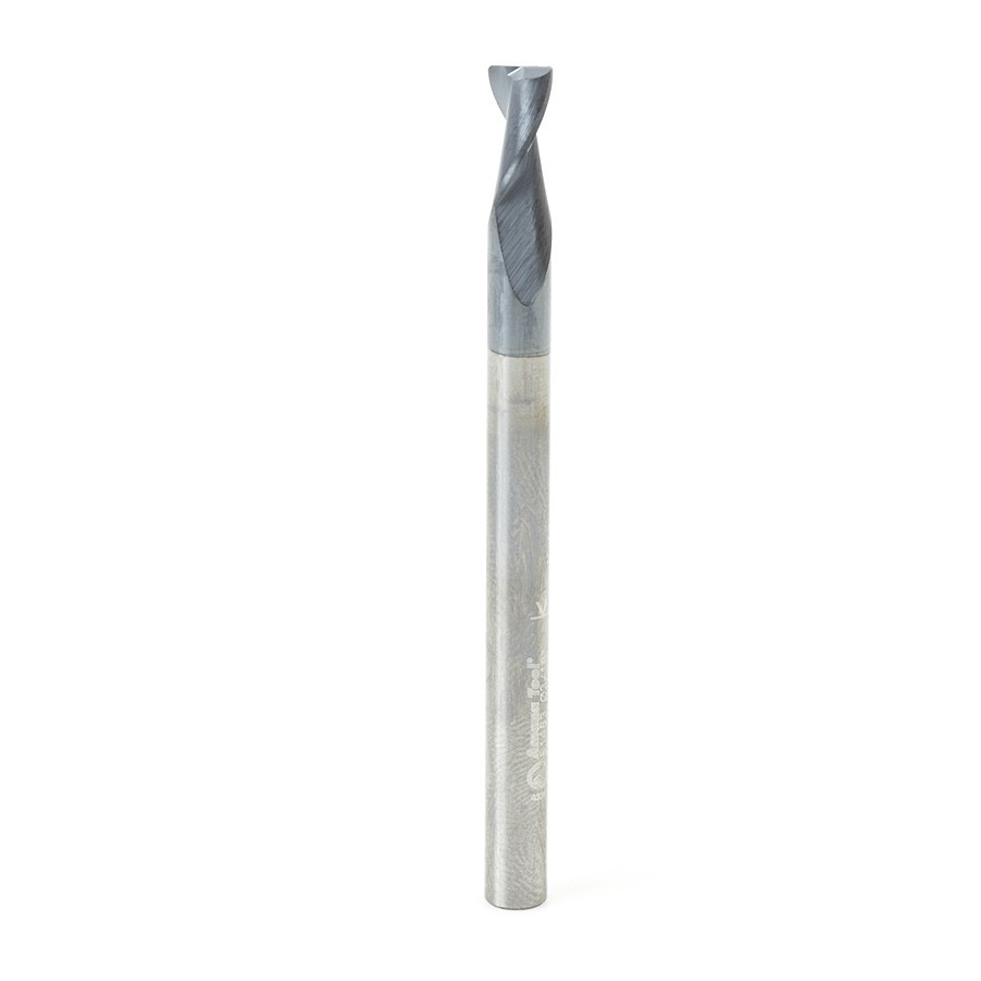 51463 CNC Solid Carbide Spiral for Steel & Stainless Steel with AlTiN Coating 2-Flute x 3/16 Dia x 3/8 x 3/16 Shank x 2-1/2 Inch Long Up-Cut Router Bit / 45º Corner Chamfer End Mill