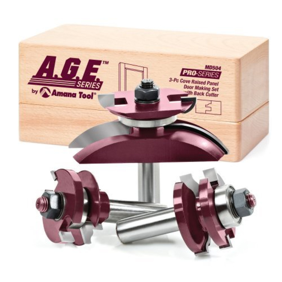 MD504, A.G.E. Carbide Tipped 3-piece Cove Raised Panel Door Making Set w/Back Cutter, 2-Flute, 1/2" Shank