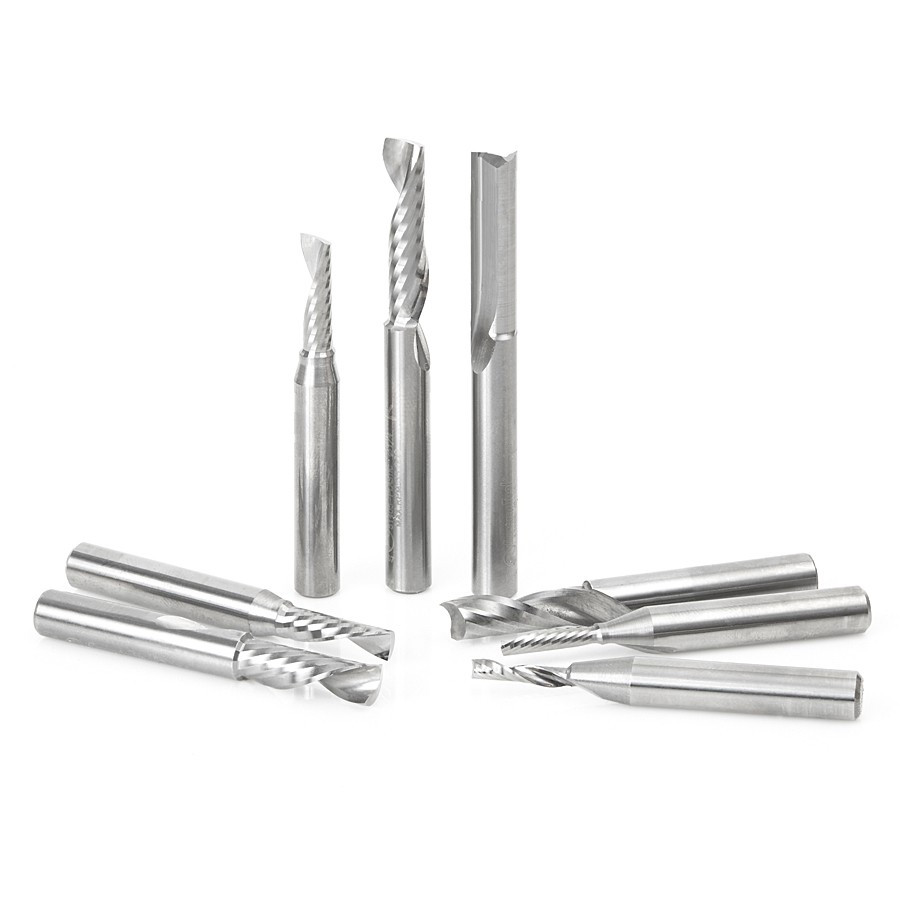 AMS-165 8-Pc Plastic Cutting Solid Carbide Spiral 'O' Flute CNC Router Bit Collection, 1/4 Inch Shank