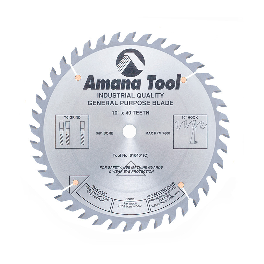 610401 Carbide Tipped General Purpose 10 Inch Dia x 40T TCG, 10 Deg, 5/8 Bore
