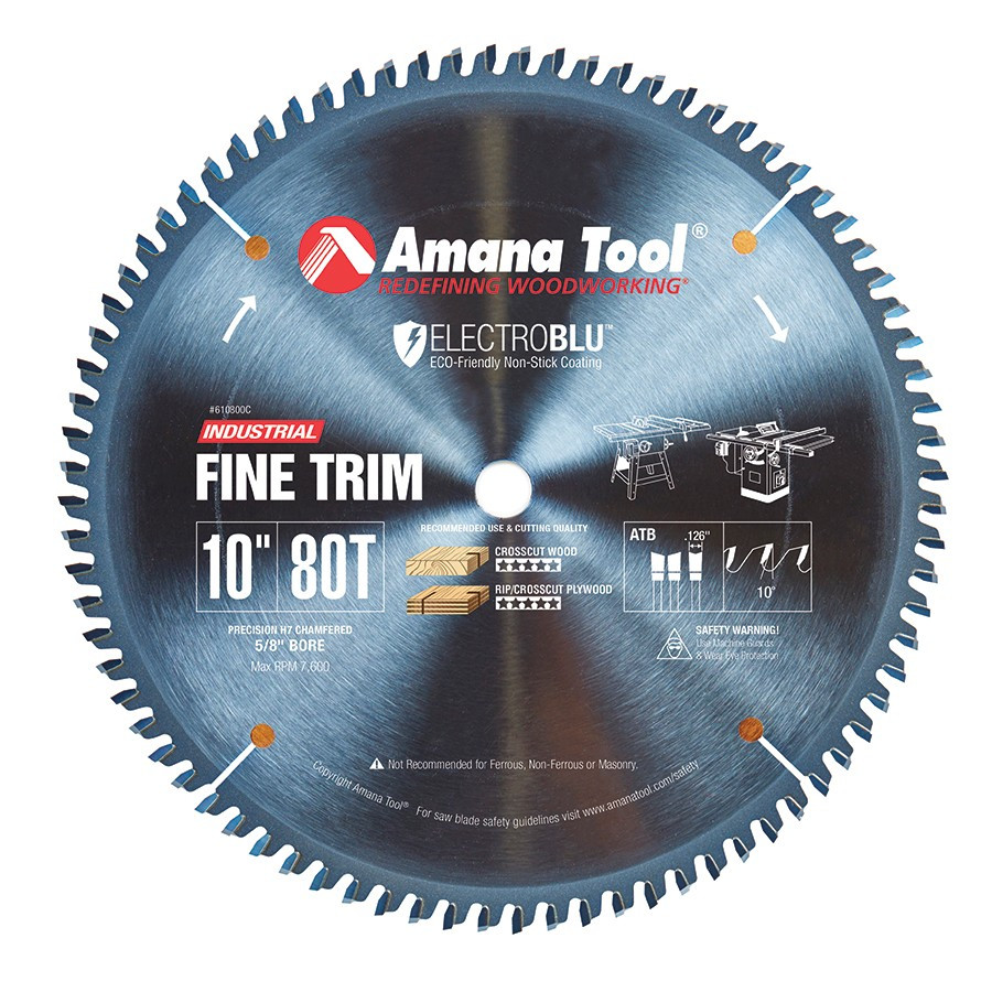 610800C Electro-Blu™ Carbide Tipped Trim 10 Inch Dia x 80T ATB, 10 Deg, 5/8 Bore, Non-Stick Coated