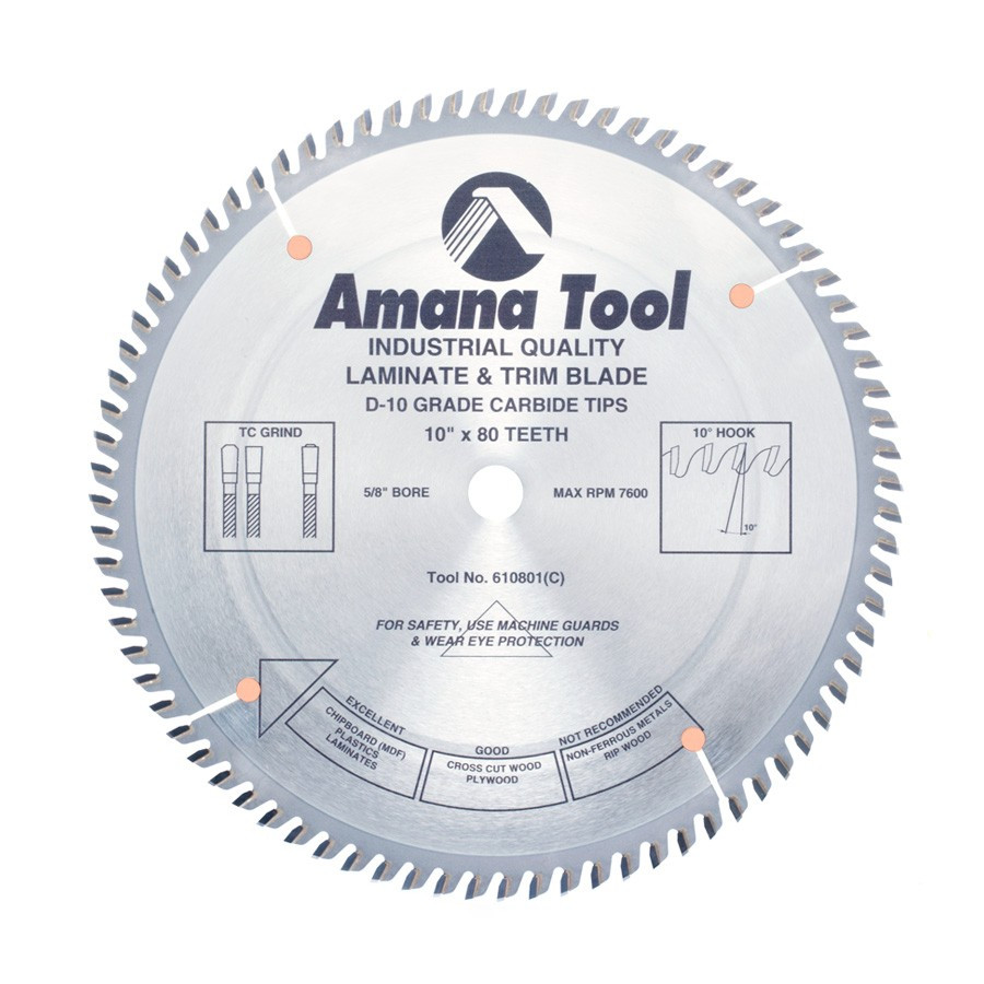 610801 Carbide Tipped Fine Cut-Off and Crosscut 10 Inch Dia x 80T TCG, 10 Deg, 5/8 Bore