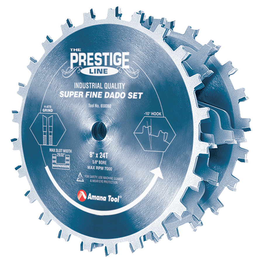 658060C Carbide Tipped Electro-Blu™ Prestige Dado 8 Inch Dia x 24T H-ATB, 5/8 Bore, Complete Dado Set
