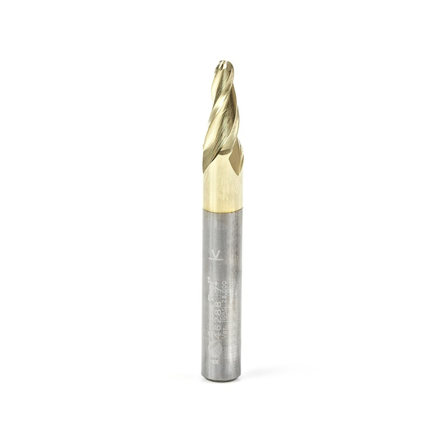 46288 CNC 2D and 3D Carving 7 Deg Tapered Angle Ball Tip 1/8 Dia x 1/16 Radius x 1/2 x 1/4 Shank x 3 Inch Long x 3 Flute Solid Carbide Up-Cut Spiral ZrN Coated Router Bit