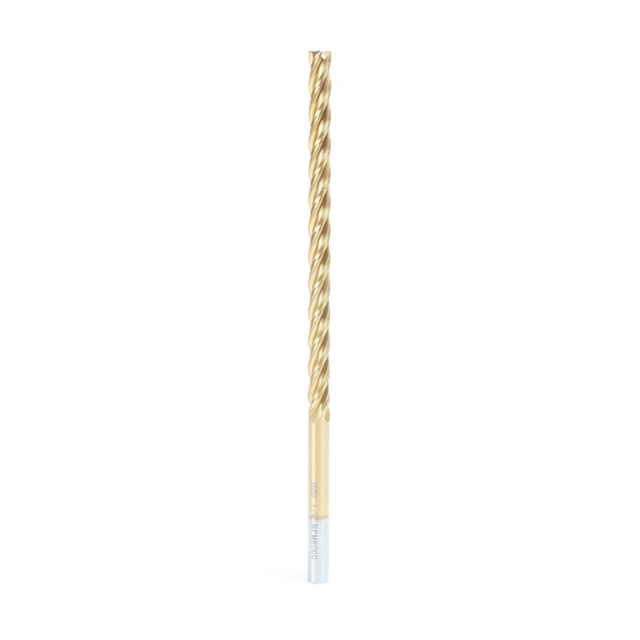 HSS1212 High Speed Steel (HSS) Foam Cutting End Mill Extended Reach 1/4 Dia x 4 x 6 Long x 1/4 Shank CNC 4-Flute Spiral Up-Cut Router Bit TiN Coated