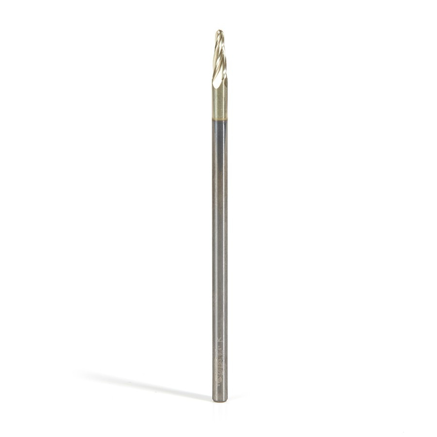 46293 CNC 2D and 3D Carving 5.4 Deg Tapered Angle Ball Tip 1/16 Dia x 1/32 Radius x 0.362 x 1/8 Shank x 3 Inch Long x 4 Flute Solid Carbide Up-Cut Spiral ZrN Coated Router Bit