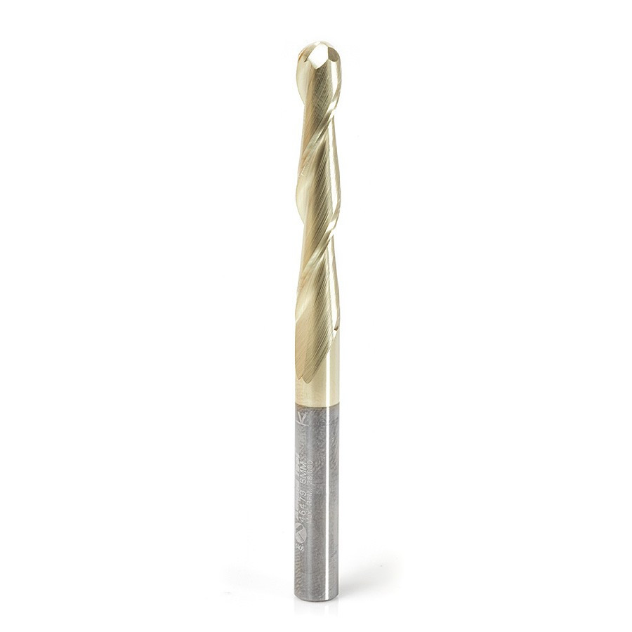 46479 Metric CNC 2D and 3D Carving 0.10 Deg Straight Angle Ball Tip x 6.0 Dia x 3.0 Radius x 38 x 6 Shank x 75mm Long x 2 Flute Solid Carbide ZrN Coated Router Bit