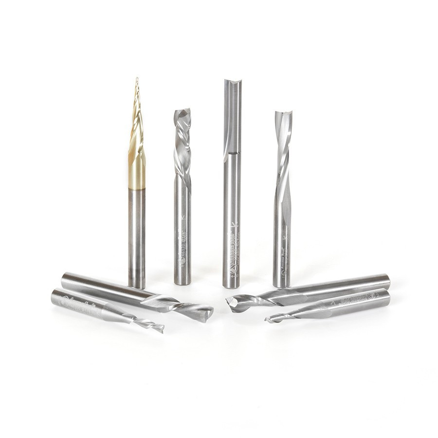 AMS-137 8-Pc Spiral Compression, Tapered & Straight CNC Router Bit Collection, 1/4 Inch Shank