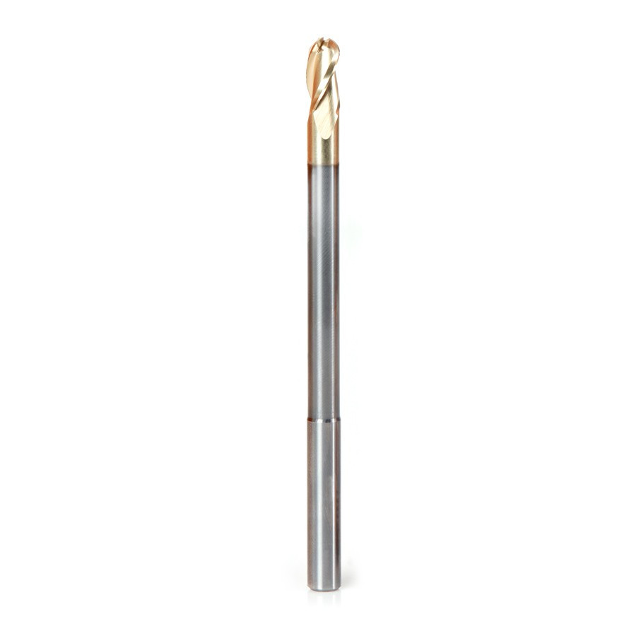 46490 Extra Long CNC 2D and 3D Carving Ball Nose 0.10 Deg Straight Angle x 1/4 Dia x 1/8 Radius x 1/2 x 1/4 Shank x 3 Flute ZrN Coated Reduced Shank Router Bit