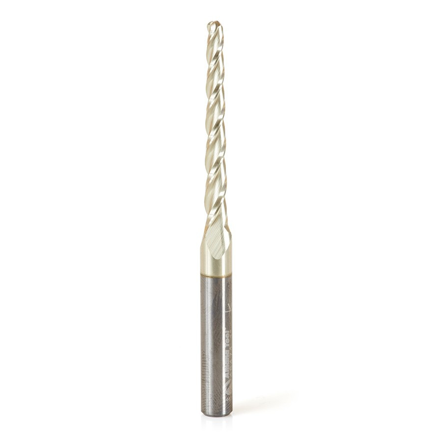 46474 Metric CNC 2D and 3D Carving 1 Deg Tapered Angle Ball Tip x 3.2 Dia x 1.6 Radius x 38 x 6 Shank x 75mm Long x 3 Flute Solid Carbide Up-Cut Spiral ZrN Coated Router Bit