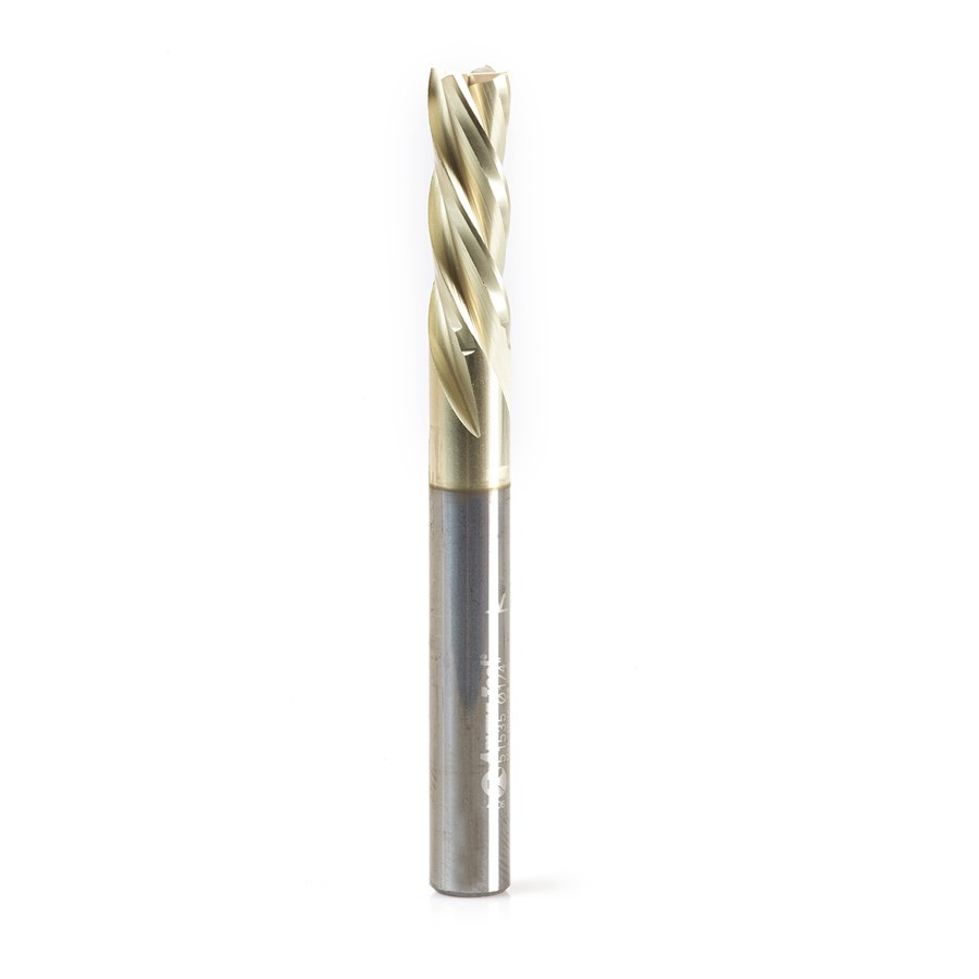 51535 Solid Carbide CNC Spiral for Glass Reinforced Plastic Cutting 1/4 Dia x 3/4 x 1/4 Shank Down-Cut ZrN Coated Router Bits