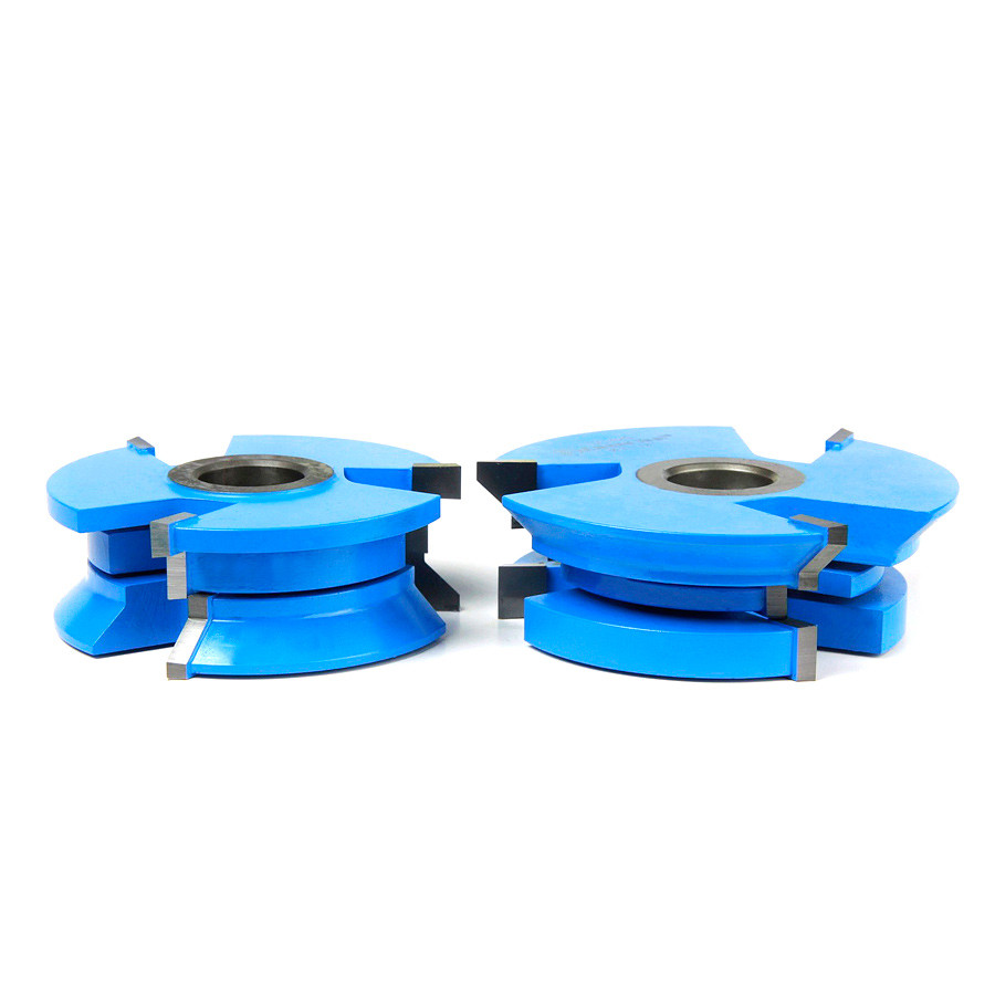 SC420 2-Piece Carbide Tipped 3-Wing Wainscot with V Cutters 3-1/2 Dia x 1 x 45 Deg x 1/2 & 3/4 Bore Set for 3/4 Material