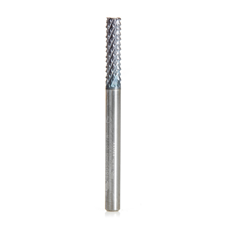 48050-B High Performance Solid Carbide Fiberglass and Composite Cutting 1/8 Dia x 1/2 x 1/8 Shank AlTiN Coated Burr End Router Bit