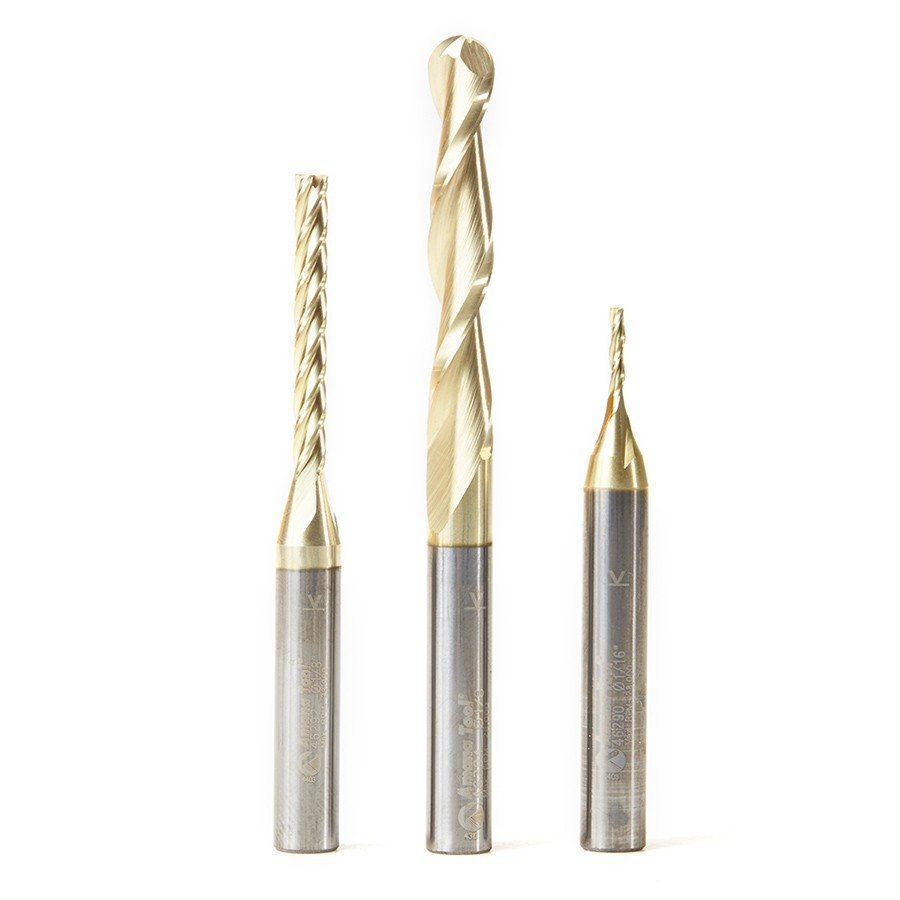 AMS-145 3-Pc CNC Up-Cut Spiral 2D and 3D Carving Ball Nose & Flat Bottom ZrN Coated Solid Carbide 1/4 Inch Shank Router Bit Set