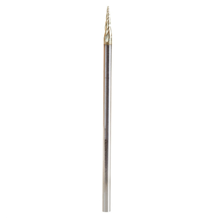 46291 CNC 2D and 3D Carving 6.2 Deg Tapered Angle Ball Tip x 1/32 Dia x 1/64 Radius x 0.445 x 1/8 Shank x 3 Inch Long x 3 Flute Solid Carbide Up-Cut Spiral ZrN Coated Router Bit