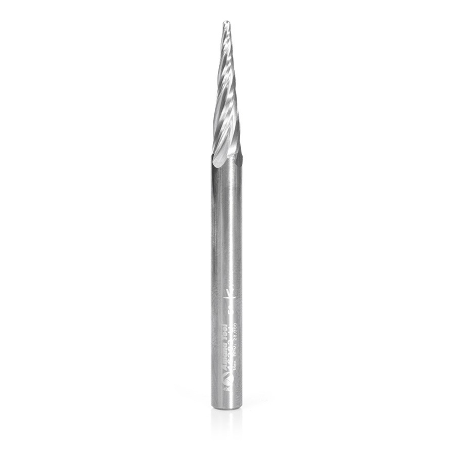 46282-U CNC 2D and 3D Carving 5.4 Deg Tapered Angle Ball Tip 1/16 Dia x 1/32 Radius x 1 x 1/4 Shank x 3 Inch Long x 4 Flute Solid Carbide Up-Cut Spiral Router Bit
