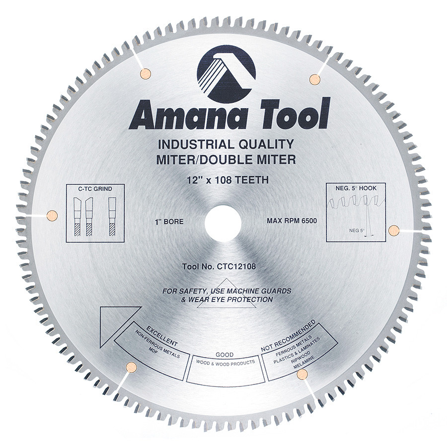 CTC12108 Carbide Tipped Miter California TC Grind 12 Inch Dia x 108T C-TCG, -5 Deg, 1 Inch Bore