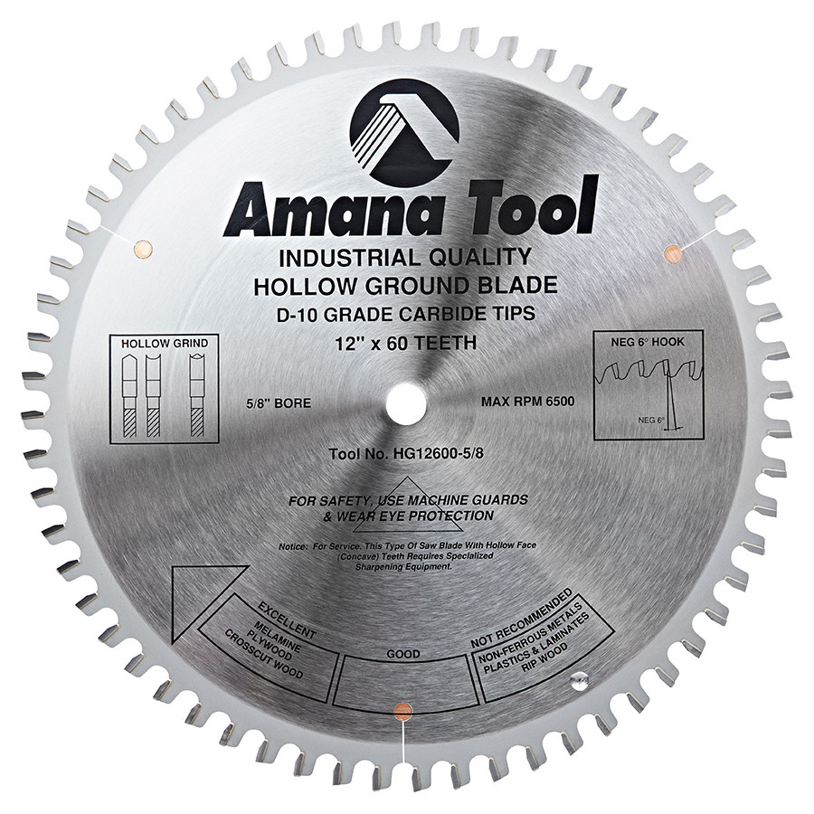 HG12600-5/8 Carbide Tipped Hollow Ground 12 Inch Dia x 60T HG, -6 Deg, 5/8 Bore