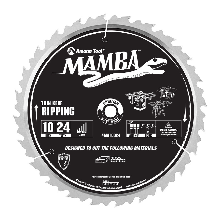 MA10024 Carbide Tipped Thin Kerf Ripping Mamba Contractor Series 10 Inch Dia x 24T, ATB+F, 20 Deg, 5/8 Bore Circular Saw Blade