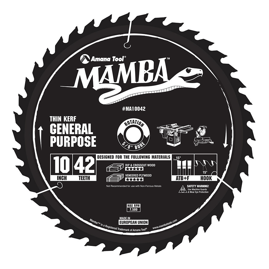 MA10042 Carbide Tipped Thin Kerf General Purpose Mamba Contractor Series 10 Inch Dia x 42T, ATB+F, 15 Deg, 5/8 Bore Circular Saw Blade