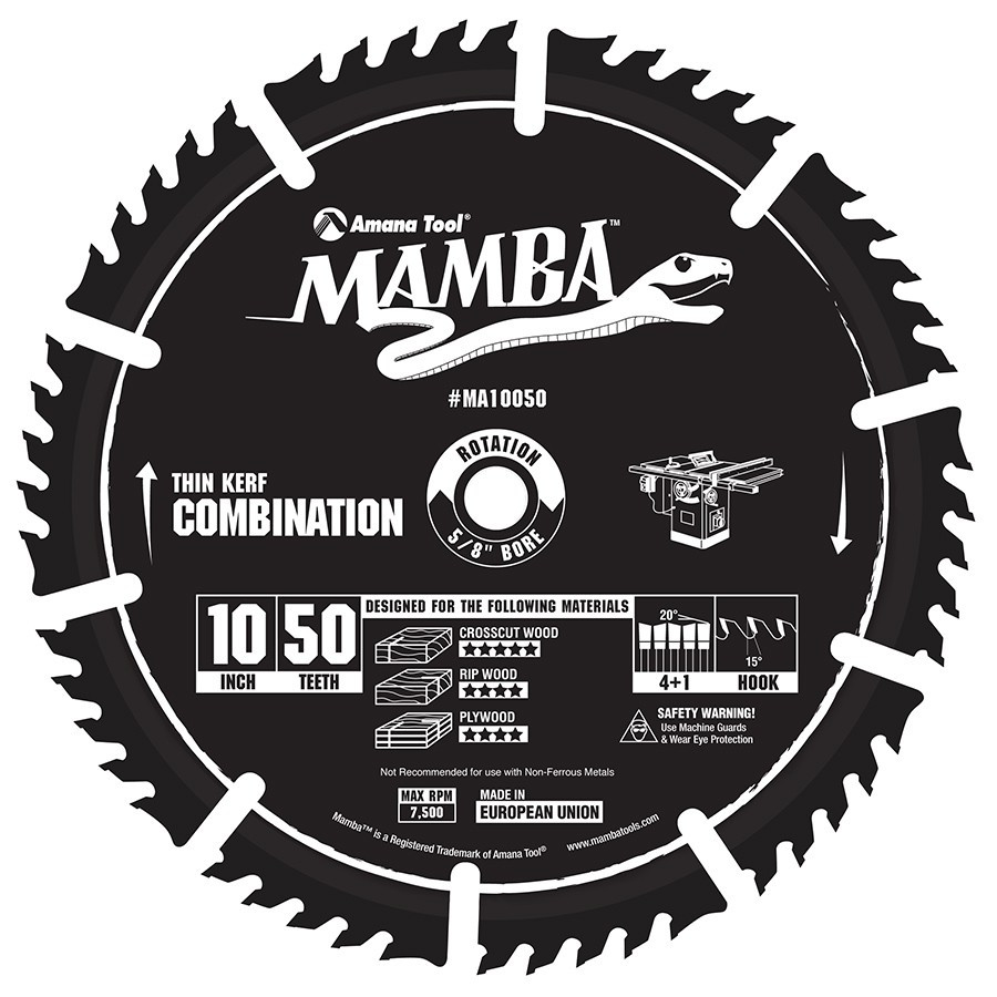 MA10050 Carbide Tipped Thin Kerf Combination Mamba Contractor Series 10 Inch Dia x 50T, 4+1, 15 Deg, 5/8 Bore Circular Saw Blade