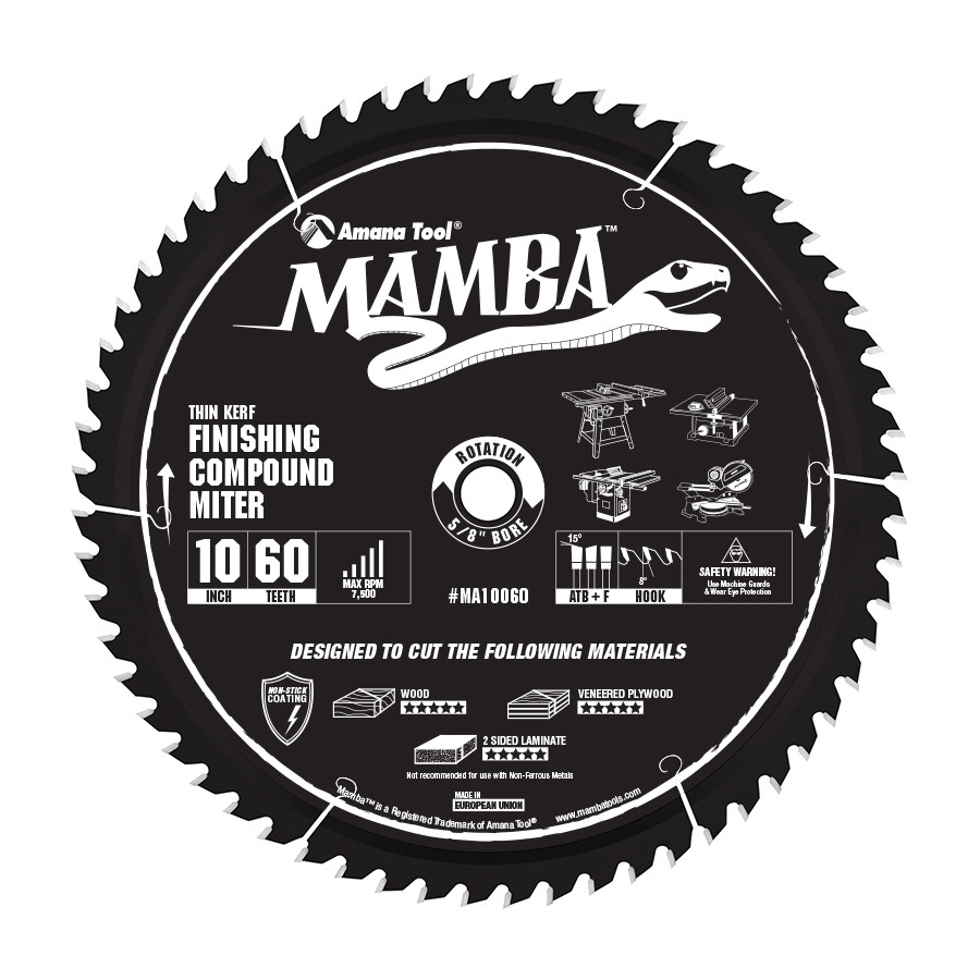 MA10060 Carbide Tipped Thin Kerf Finishing Compound Miter Mamba Contractor Series 10 Inch Dia x 60T, ATB+F, 8 Deg, 5/8 Bore Circular Saw Blade