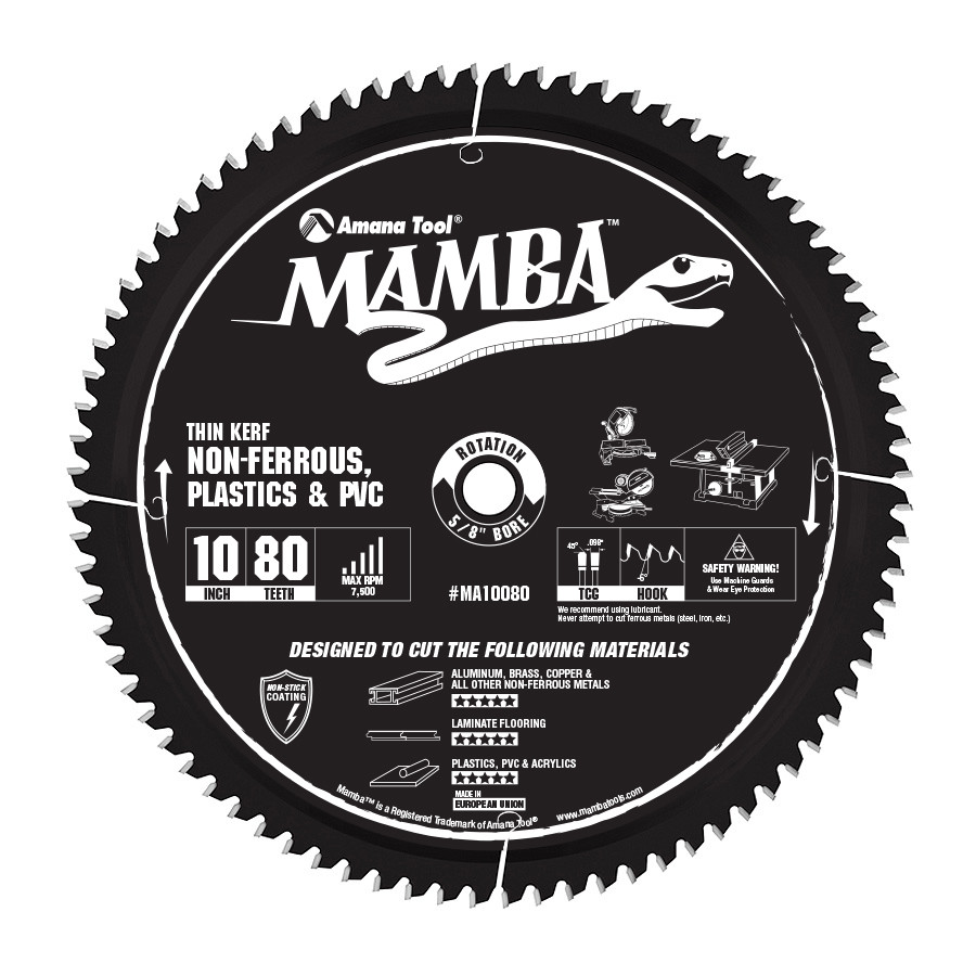 MA10080 Carbide Tipped Thin Kerf Non-Ferrous, Plastic & PVC Mamba Contractor Series 10 Inch Dia x 80T, TCG, -6 Deg, 5/8 Bore Circular Saw Blade
