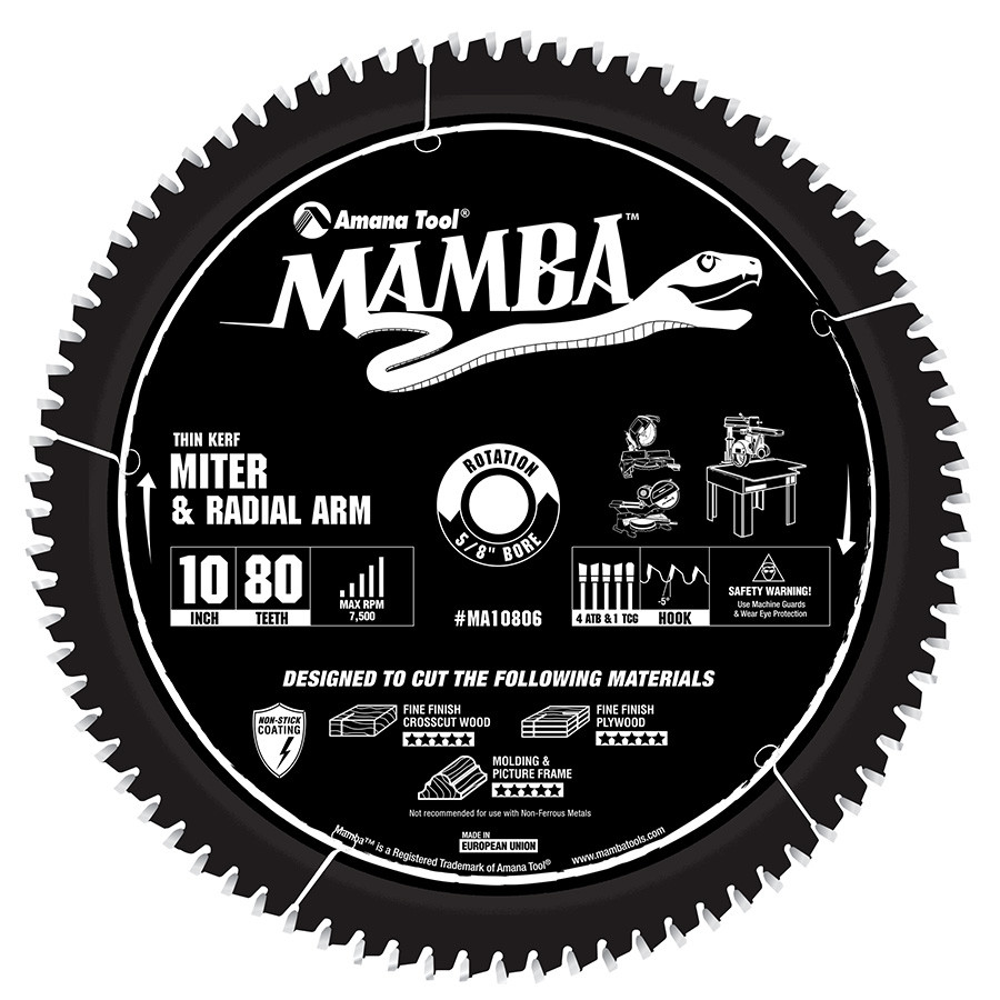 MA10806 Carbide Tipped Thin Kerf Sliding Compound Miter & Radial Arm Mamba Contractor Series 10 Inch Dia x 80T, 4ATB + 1TCG, -5 Deg, 5/8 Bore