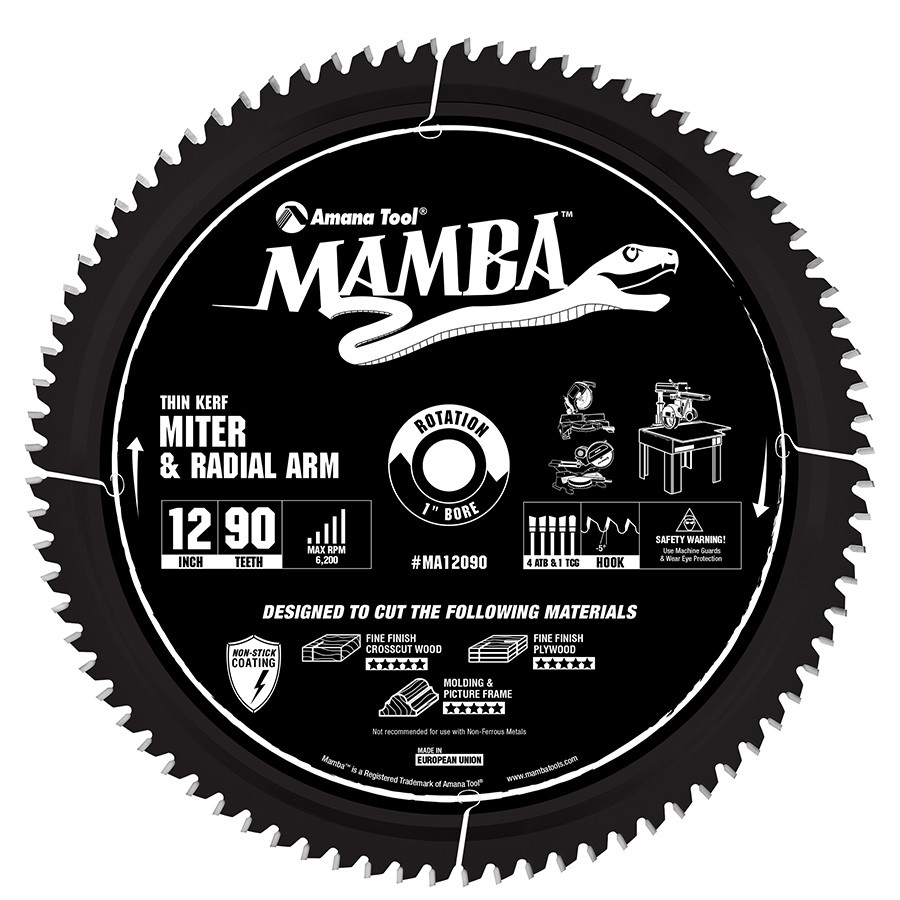 MA12090 Carbide Tipped Thin Kerf Sliding Compound Miter & Radial Arm Mamba Contractor Series 12 Inch Dia x 90T, 4ATB + 1TCG, -5 Deg, 1 Bore