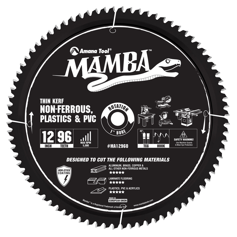 MA12960 Carbide Tipped Thin Kerf Laminate Flooring, Non-Ferrous, Plastic & PVC Cutting Contractor Series Mamba 12 Inch Dia x 96T, TCG, -6 Deg, 1 Bore