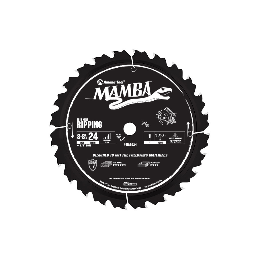 MA8024 Carbide Tipped Thin Kerf Ripping Mamba Contractor Series 8-8-1/4 Inch Dia x 24T, FT, 15 Deg, 5/8 Bore with Diamond Knockout Circular Saw Blade