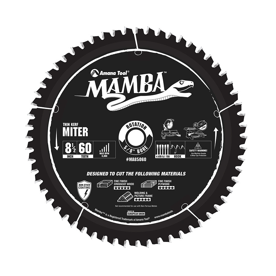 MA85060 Carbide Tipped Thin Kerf Sliding Compound Miter Mamba Contractor Series 8-1/2 Inch Dia x 60T, 4ATB + 1TCG, -5 Deg, 5/8 Bore
