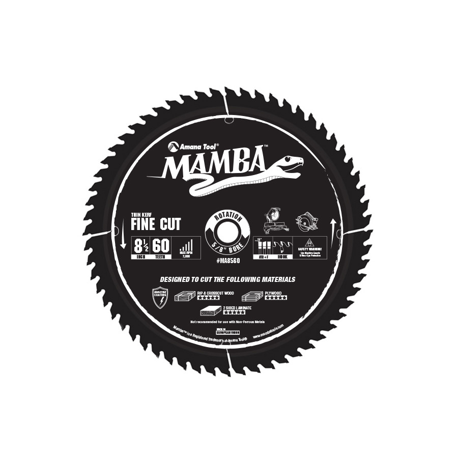 MA8560 Carbide Tipped Thin Kerf Fine Cut Mamba Contractor Series 8-1/2 Inch Dia x 60T, ATB+F, 8 Deg, 5/8 Bore Circular Saw Blade