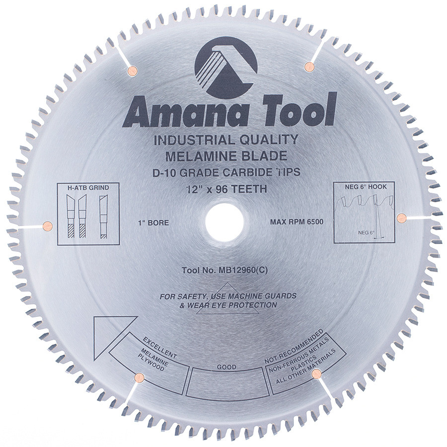 MB12960 Carbide Tipped Double-Face Melamine 12 Inch Dia x 96T H-ATB, -6 Deg, 1 Inch Bore