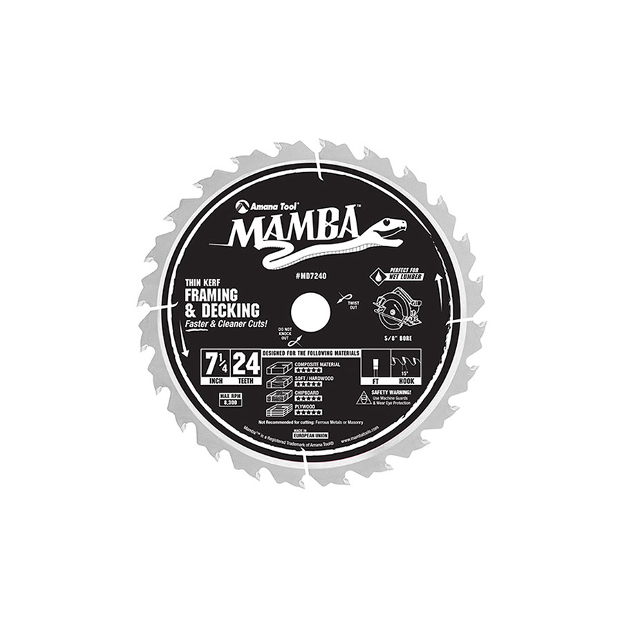 MD7240 Carbide Tipped Thin Kerf Framing and Decking Mamba Contractor Series 7-1/4 Inch Dia x 24T, FT, 15 Deg, 5/8 Bore with Diamond Knockout Circular Saw Blade