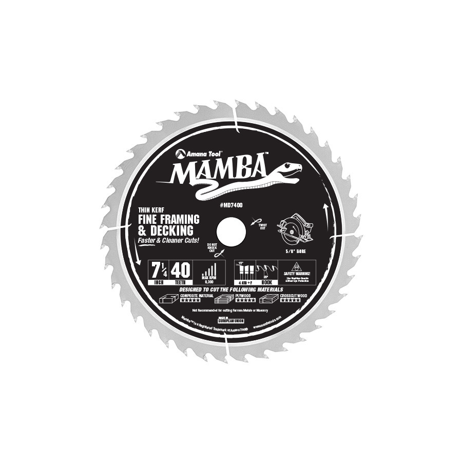 MD7400 Carbide Tipped Thin Kerf Fine Framing and Decking Mamba Contractor Series 7-1/4 Inch Dia x 40T, 4 ATB+F, 20 Deg, 5/8 Bore with Diamond Knockout Circular Saw Blade