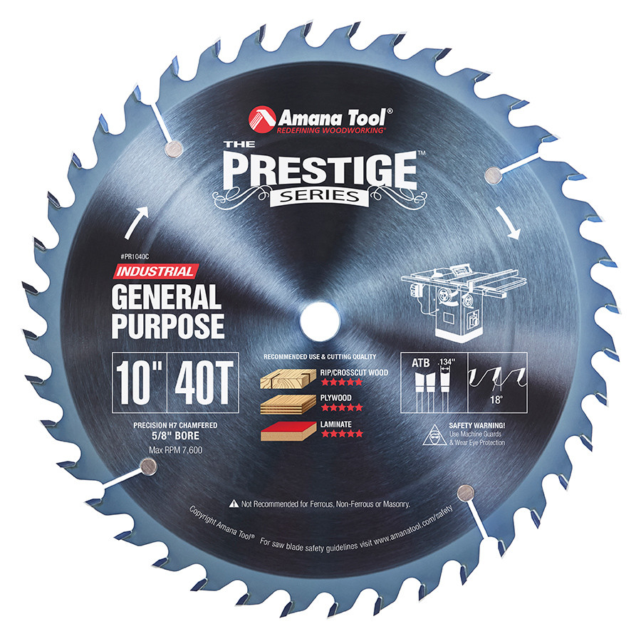 PR1040C Electro-Blu™ Carbide Tipped Prestige 10 Inch Dia 40T ATB, 18 Deg, 5/8 Bore, Non-Stick Coated