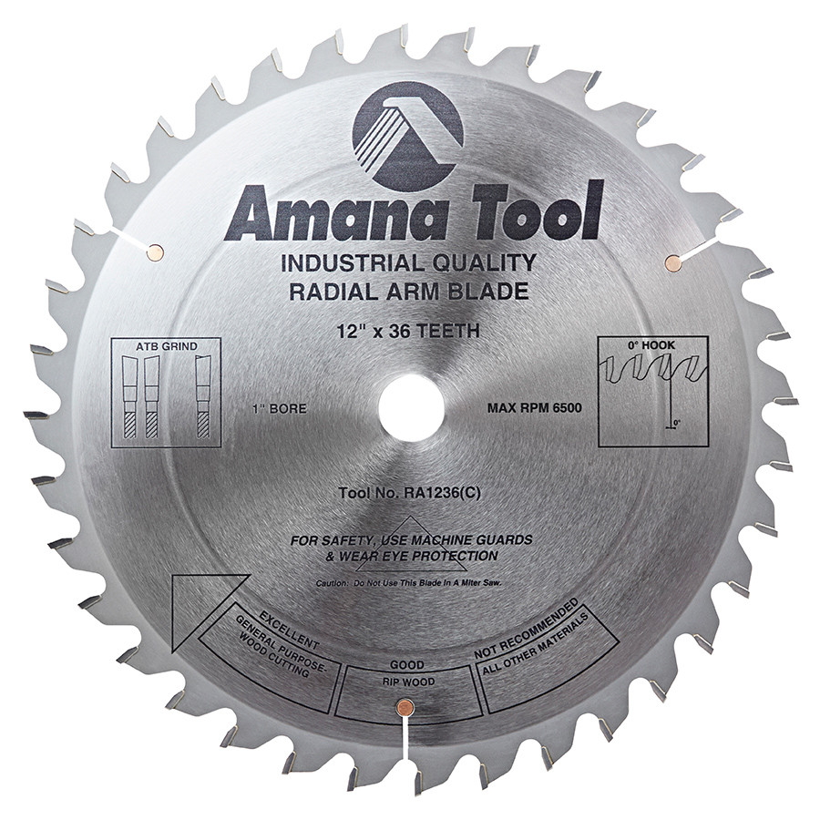 RA1236 Carbide Tipped Radial Arm 12 Inch Dia x 36T 4+1, 0 Deg, 1 Inch Bore Circular Saw Blade