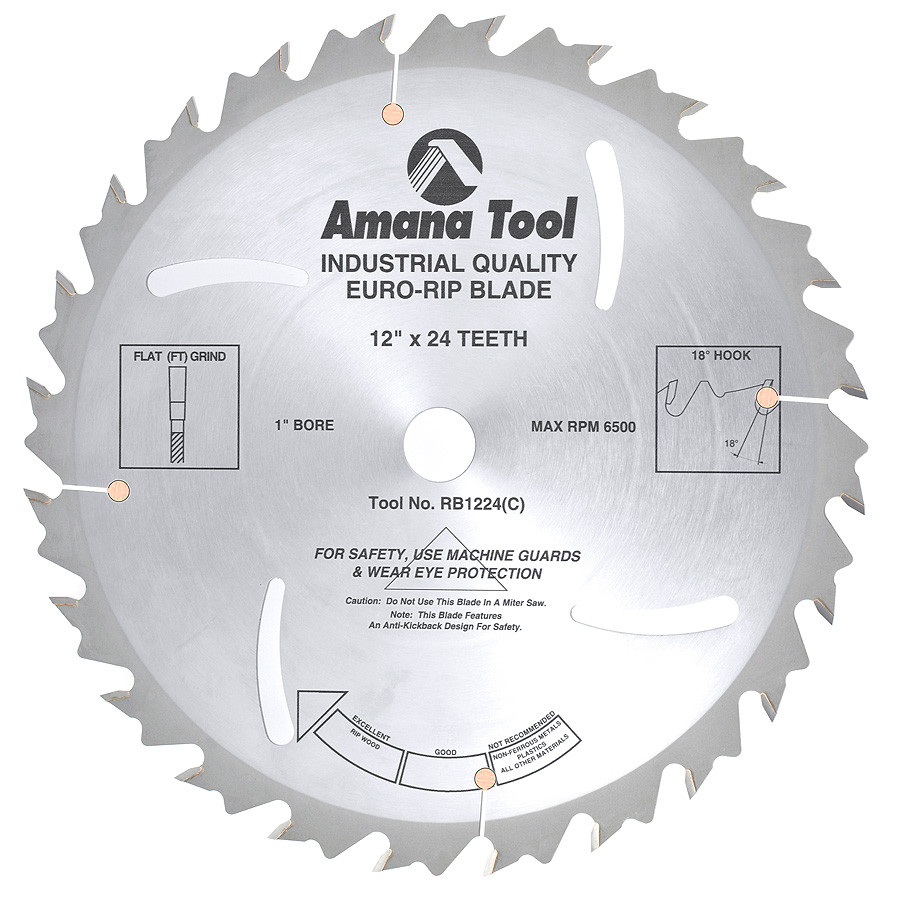 RB1224 Carbide Tipped Euro Rip with Cooling Slots 12 Inch Dia x 24T FT, 18 Deg, 1 Inch Bore