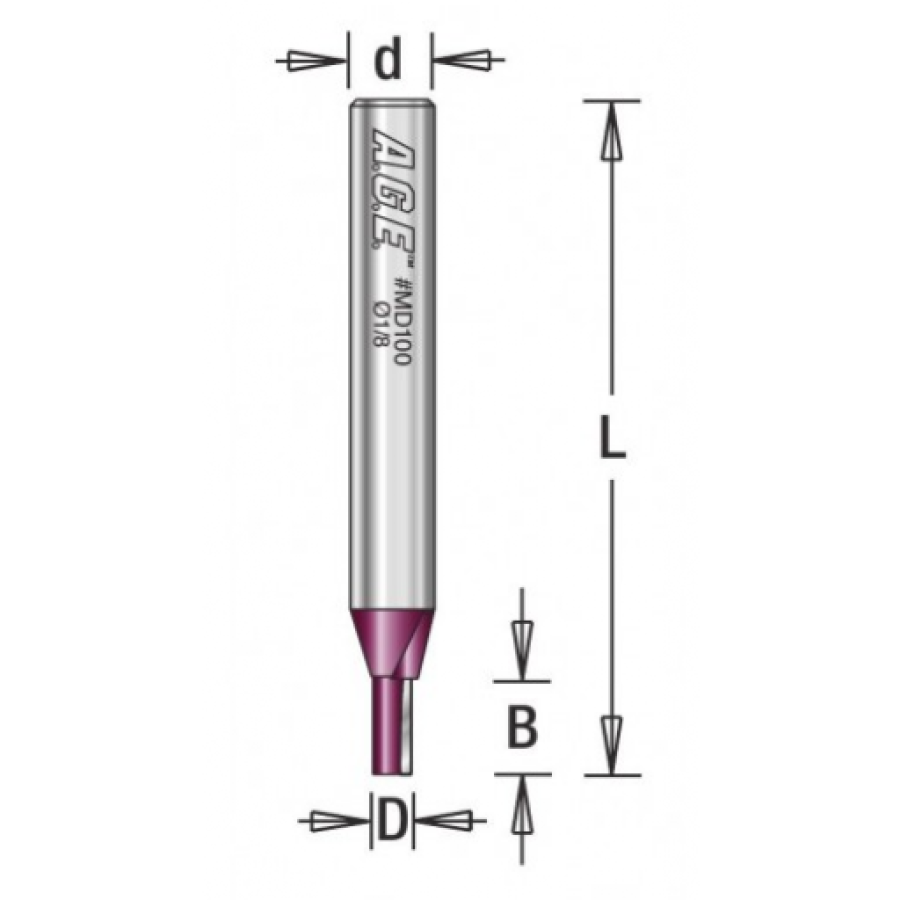 MD100, A.G.E. Carbide Tipped Straight Plunge 1-Flute, 1/8 Dia x 7/16 x 1/4 Shank