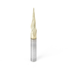 46280 CNC 2D and 3D Carving 6.2 Deg Tapered Angle Ball Tip x 1/32 Dia x 1/64 Radius x 1 x 1/4 Shank x 3 Inch Long x 3 Flute Solid Carbide Up-Cut Spiral ZrN Coated Router Bit