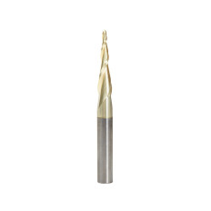 46252 CNC 2D and 3D Carving 5.5 Deg Tapered Angle Ball Tip x 1/16 Dia x 1/32 Radius x 1 x 1/4 Shank x 2-23/64 Inch Long x 2 Flute Solid Carbide Up-Cut Spiral ZrN Coated Router Bit for IntelliCarve