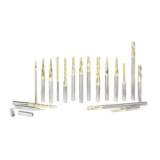 AMS-143 18-Pc Solid Carbide Up-Cut Spiral Tapered, 2D/3D, Carving & Lettering ZrN Coated Advanced CNC Router Bit Collection, 1/8 & 1/4 Inch Shank