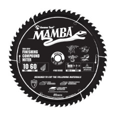 MA10060 Carbide Tipped Thin Kerf Finishing Compound Miter Mamba Contractor Series 10 Inch Dia x 60T, ATB+F, 8 Deg, 5/8 Bore Circular Saw Blade