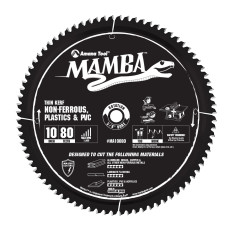 MA10080 Carbide Tipped Thin Kerf Non-Ferrous, Plastic & PVC Mamba Contractor Series 10 Inch Dia x 80T, TCG, -6 Deg, 5/8 Bore Circular Saw Blade