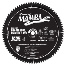 MA12960 Carbide Tipped Thin Kerf Laminate Flooring, Non-Ferrous, Plastic & PVC Cutting Contractor Series Mamba 12 Inch Dia x 96T, TCG, -6 Deg, 1 Bore